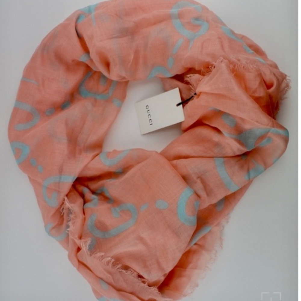 Gucci GHOST Coral And Blue Jumbo Logo Modal Silk Scarf